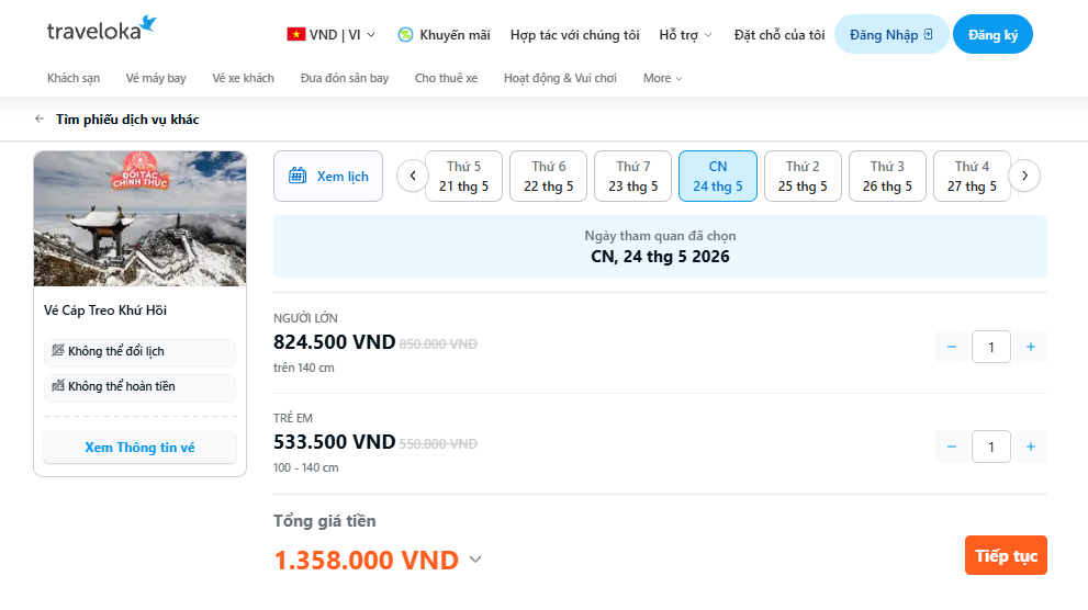 mua vé cáp treo trực tuyến trên Traveloka